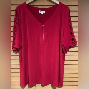 Blue Mood Plus-Size Crimson Zip V-Neck Tunic with Lattice Sleeves